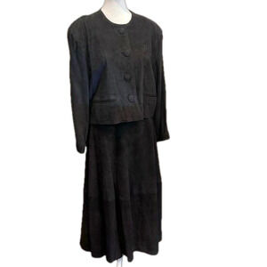 Black suede leather set XL cropped jacket pockets & M/L fit/flare suede skirt